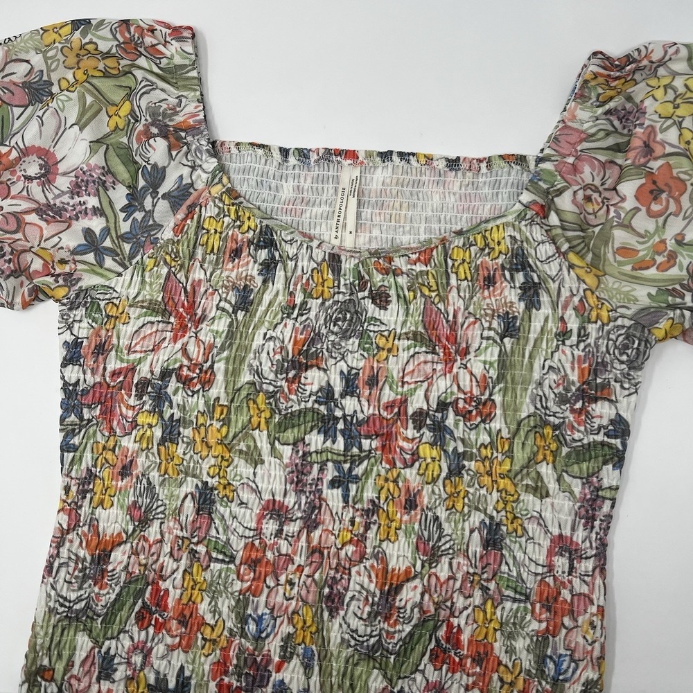 Anthropologie Aurelia Smocked Top Multicolor‎ Floral Blouse Medium Puff Sleeve